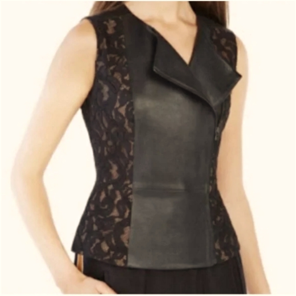 BCBG MaxAzria XS Becky Black Sleeveless TopPeplum Blouse Lace With Leather